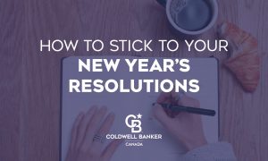 How to Stick to Your New Year's Resolutions banner, pair of hands writing in a planner